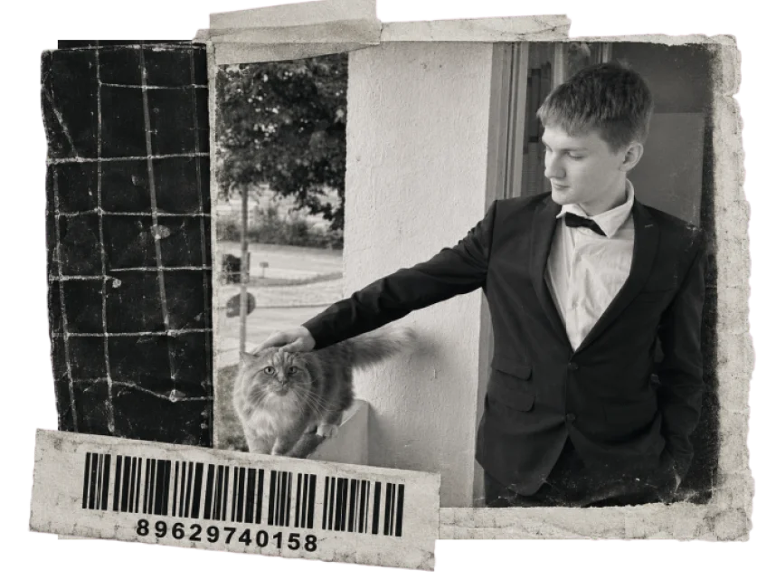 Sviatoslav with his cat, in a paper collage